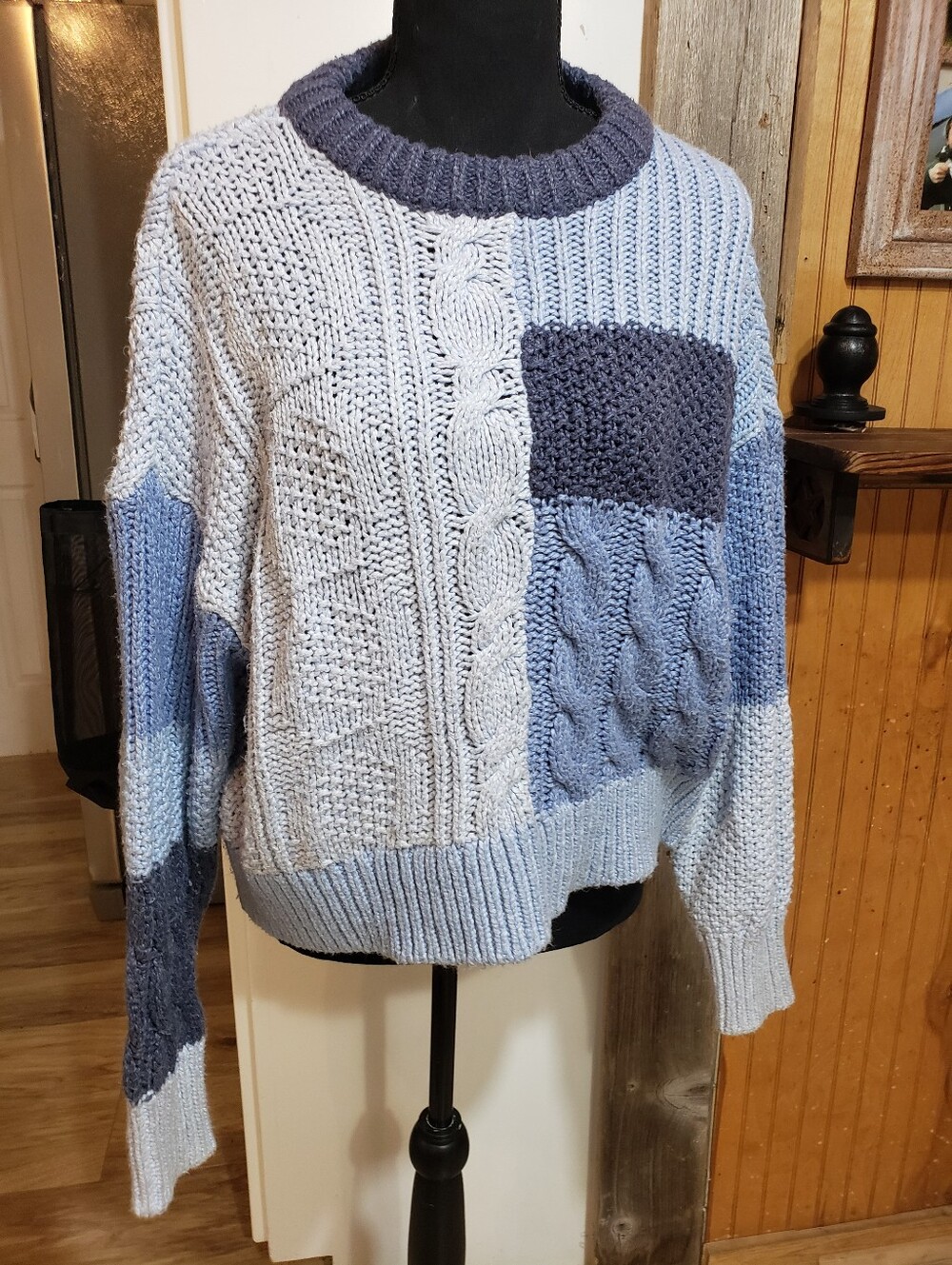 Aerie Women Med Colorblock Cable Knit Sweater Blue Patchwork